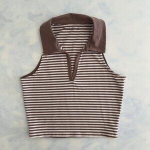Abercrombie & Fitch Soft Essentials Brown & White Collared V-Neck Crop Top